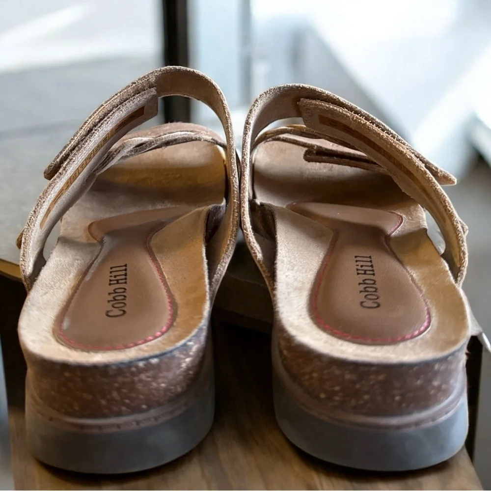 Cobb Hill Women’s Neutral Tan Leather Slide In Hook Loop Closure Comfort Sandals